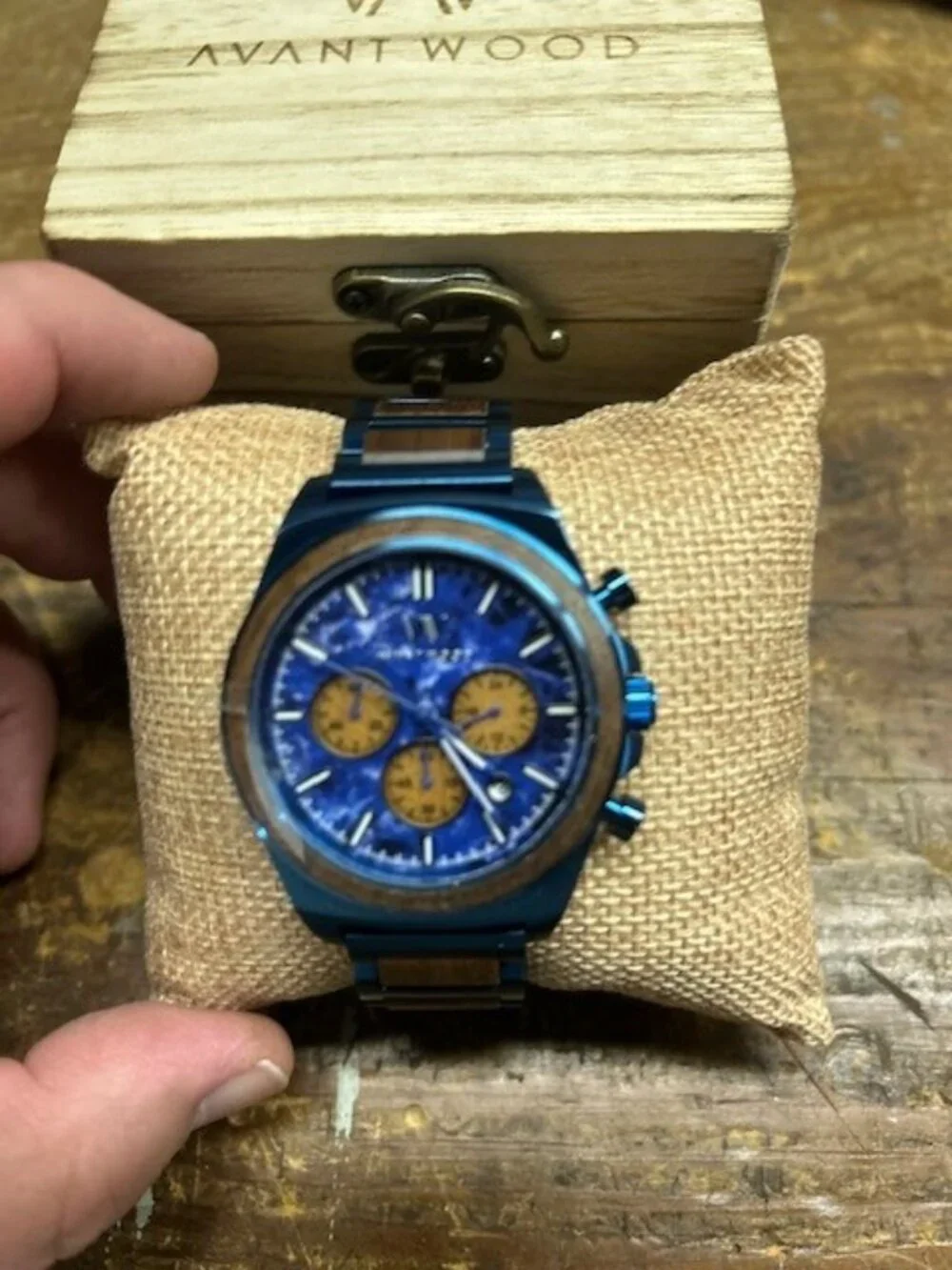 **NEW** AVANT WOOD CHRONOGRAPH WATCH: EXPLORER S 44MM WITH BLUE MARBLE FACE